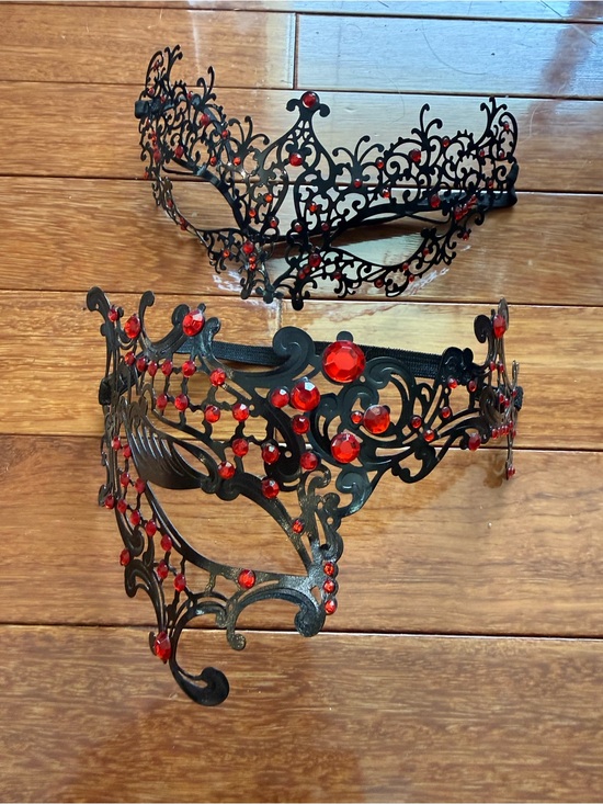 Other - Black Filigree Masquerade Mask Set with Red Gems
